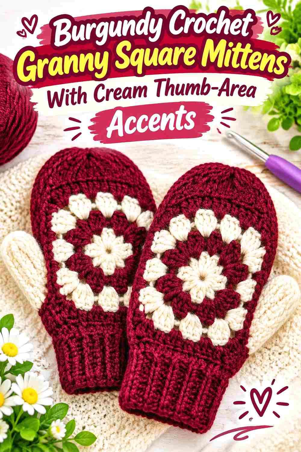 11. Burgundy Crochet Granny Square Mittens With Cream Thumb Area Accents