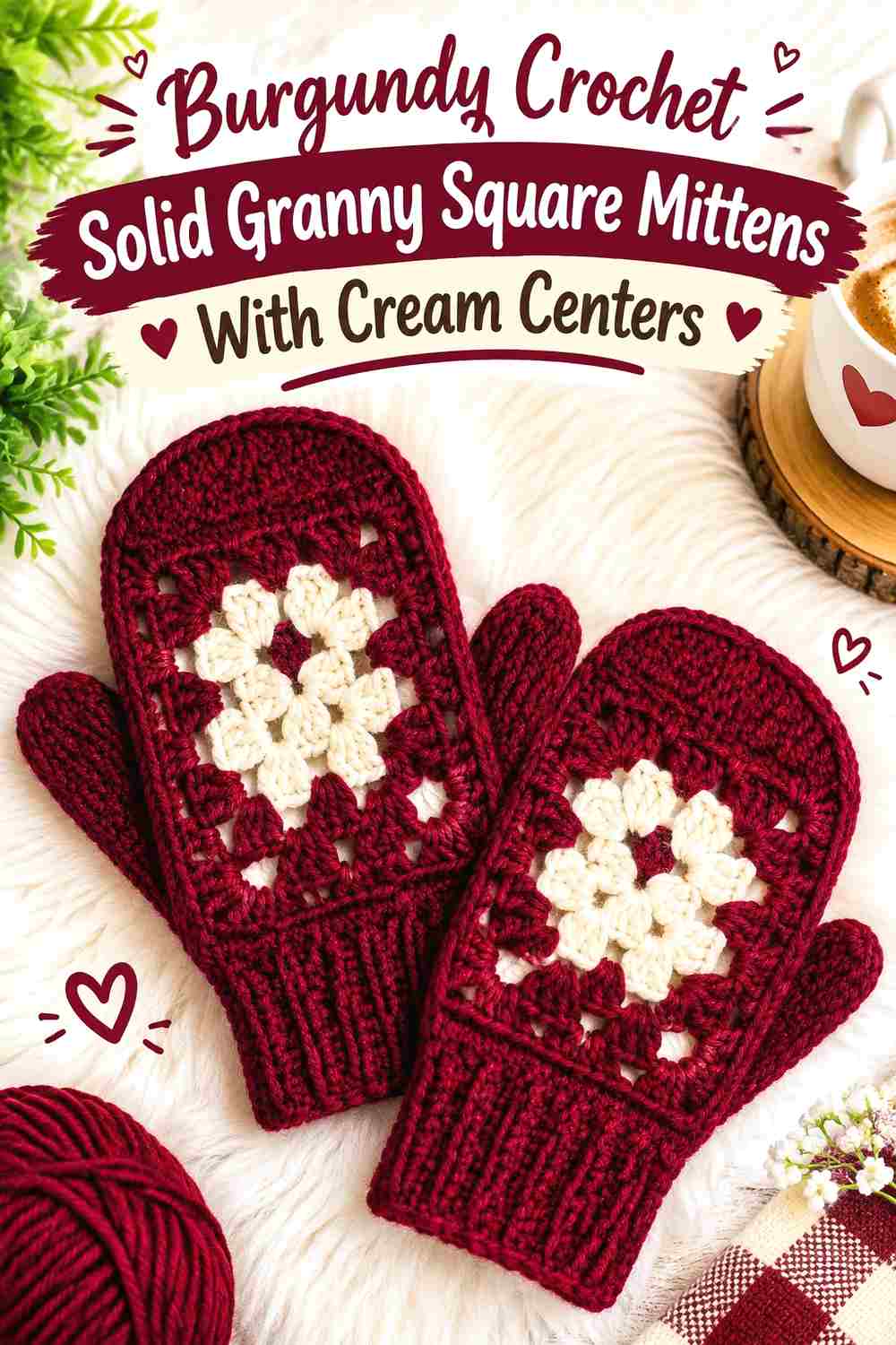 13. Burgundy Crochet Solid Granny Square Mittens With Cream Centers