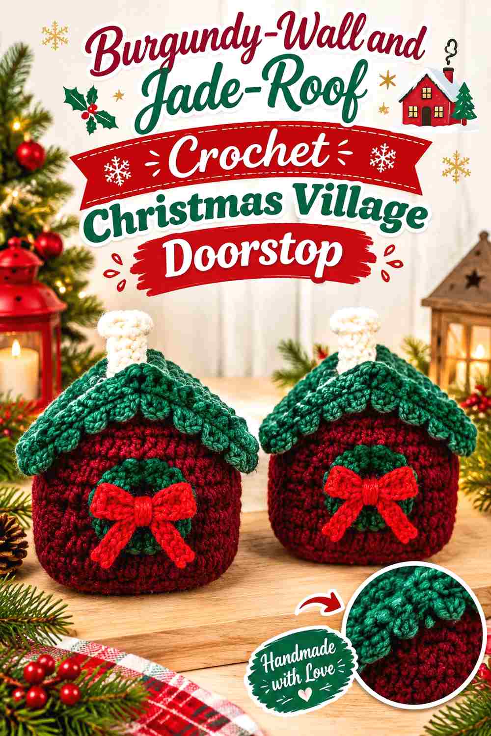 3. Burgundy Wall And Jade Roof Crochet Christmas Village Doorstop