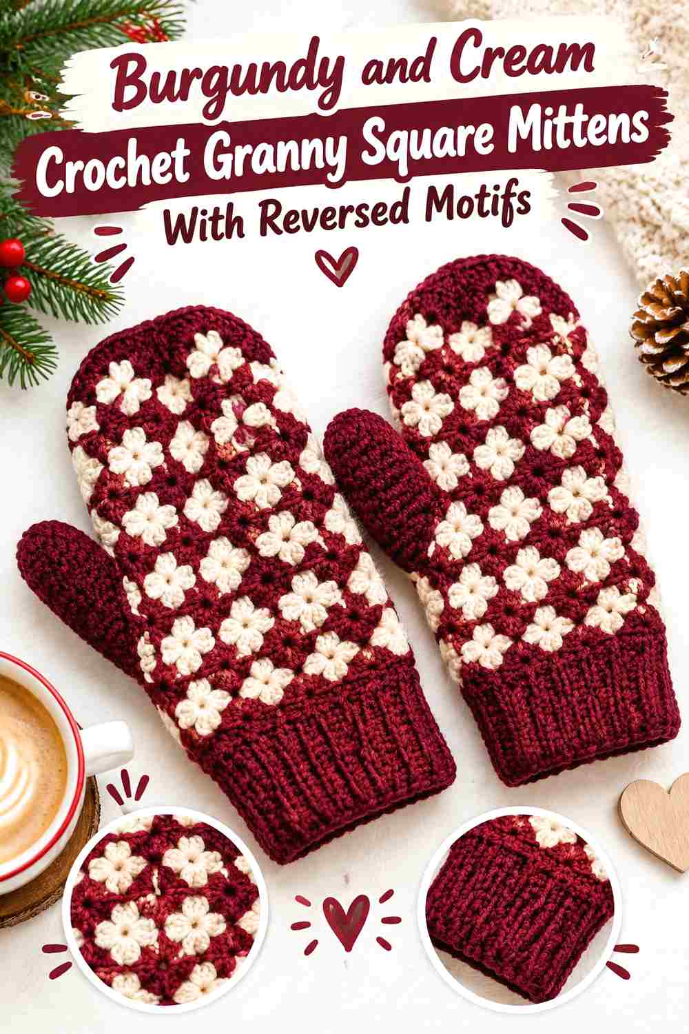 8. Burgundy And Cream Crochet Granny Square Mittens With Reversed Motifs