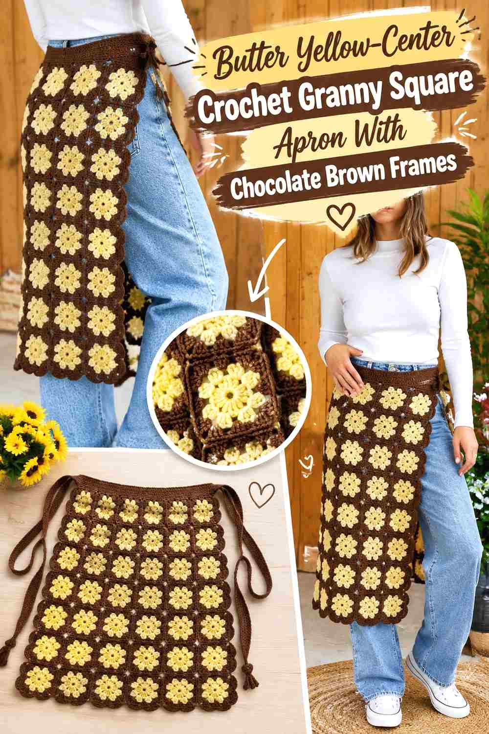 2. Butter Yellow Center Crochet Granny Square Apron With Chocolate Brown Frames