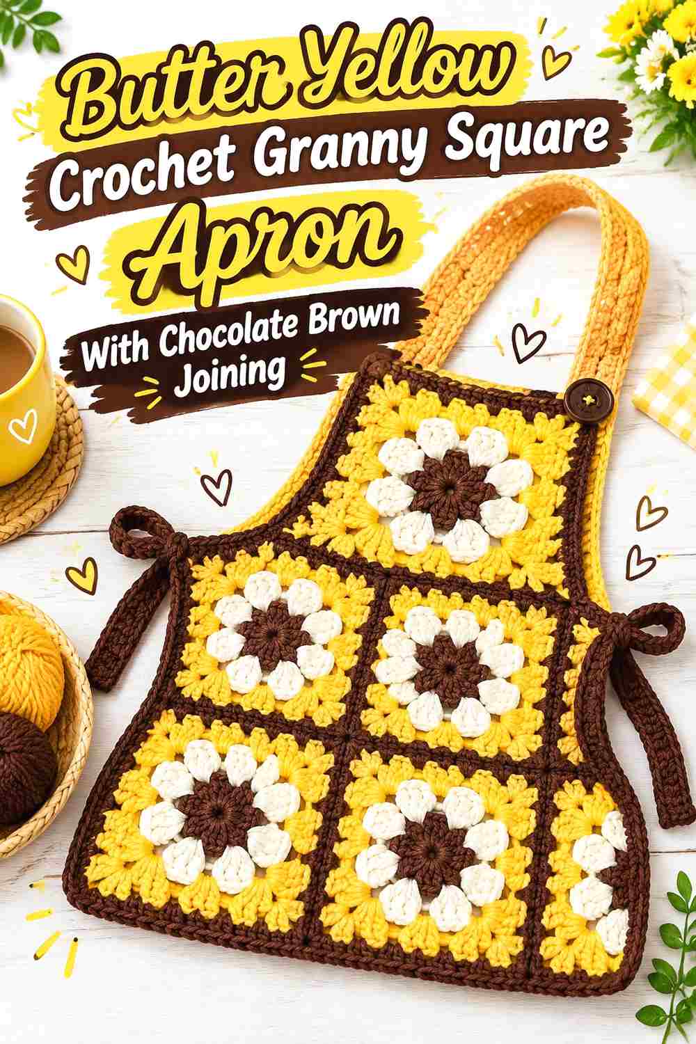 5. Butter Yellow Crochet Granny Square Apron With Chocolate Brown Joining