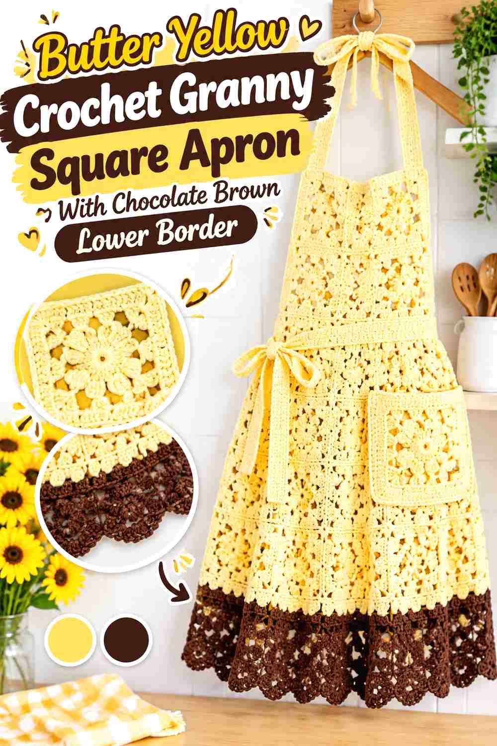7. Butter Yellow Crochet Granny Square Apron With Chocolate Brown Lower Border