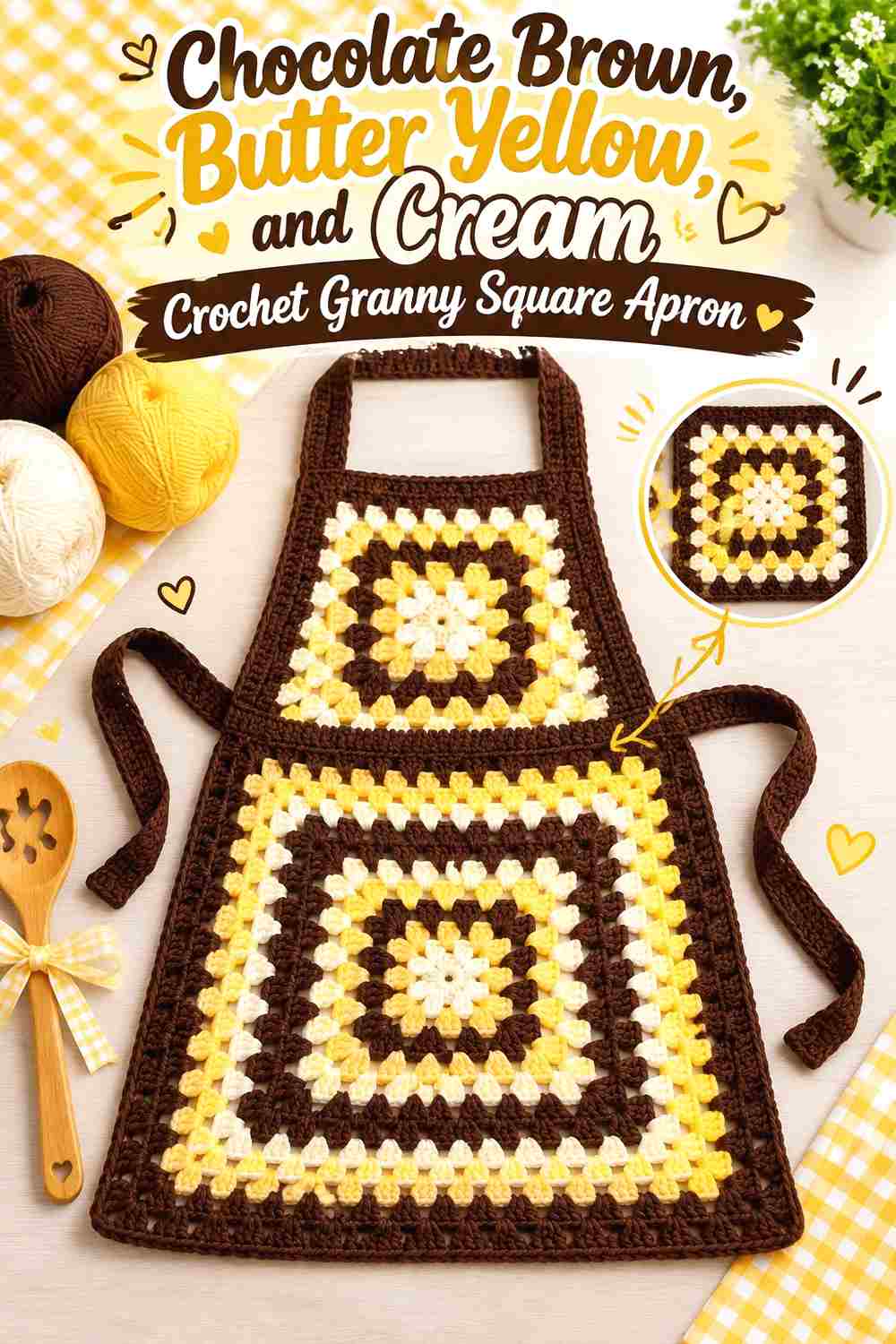 10. Chocolate Brown Butter Yellow And Cream Crochet Granny Square Apron