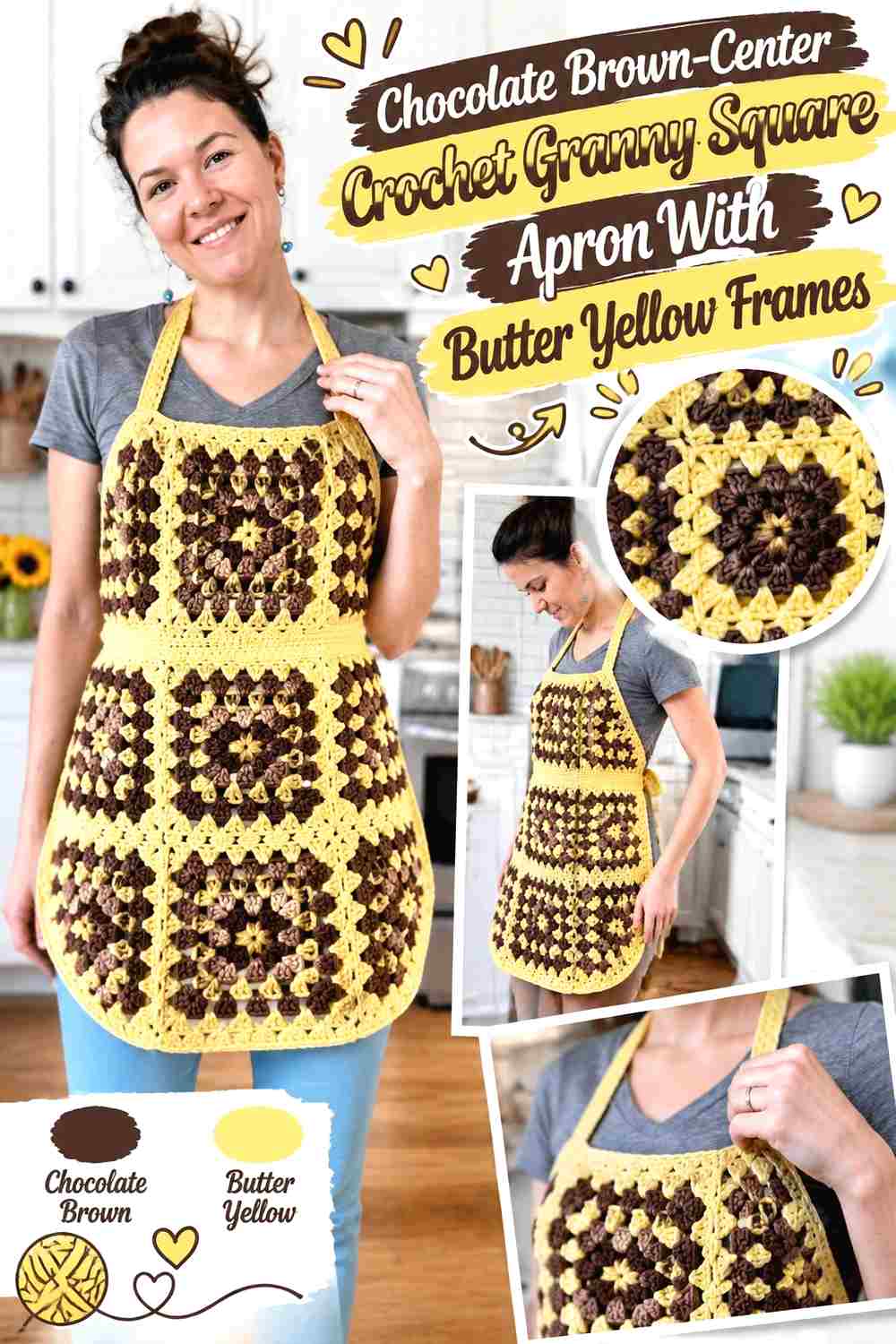 1. Chocolate Brown Center Crochet Granny Square Apron With Butter Yellow Frames