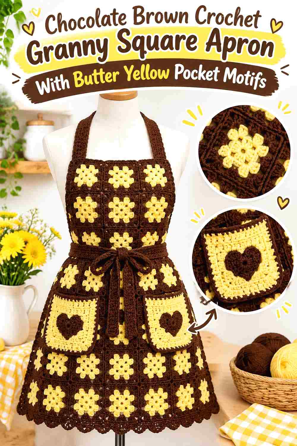 8. Chocolate Brown Crochet Granny Square Apron With Butter Yellow Pocket Motifs
