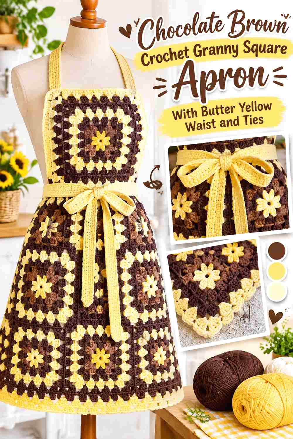 6. Chocolate Brown Crochet Granny Square Apron With Butter Yellow Waist And Ties