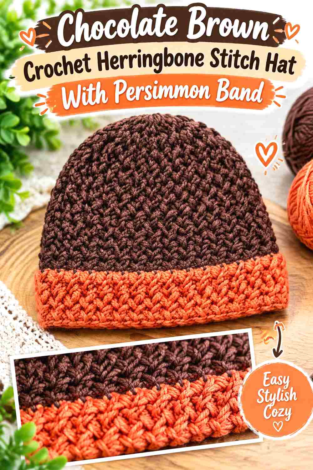 7. Chocolate Brown Crochet Herringbone Stitch Hat With Persimmon Band
