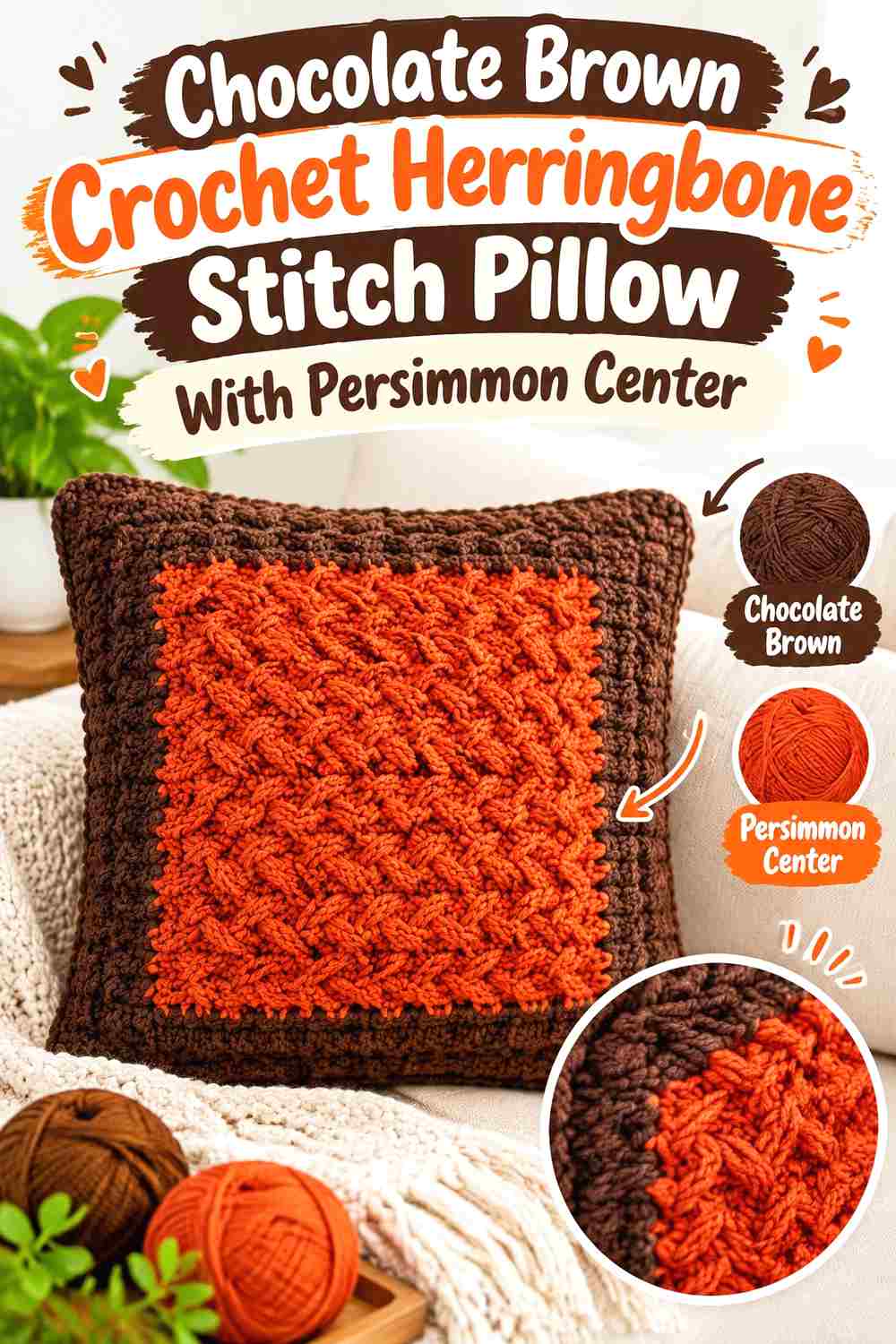 4. Chocolate Brown Crochet Herringbone Stitch Pillow With Persimmon Center