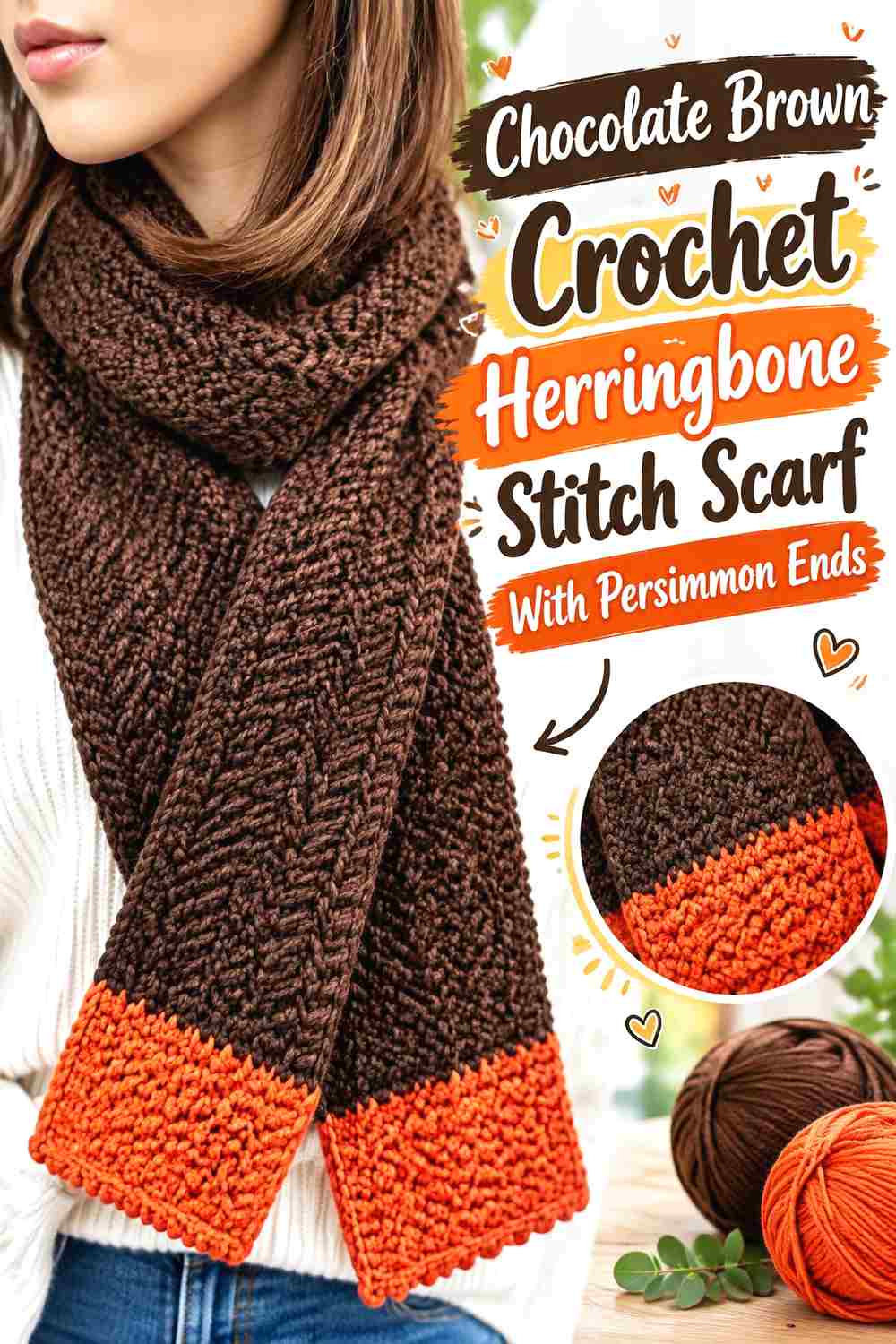 2. Chocolate Brown Crochet Herringbone Stitch Scarf With Persimmon Ends