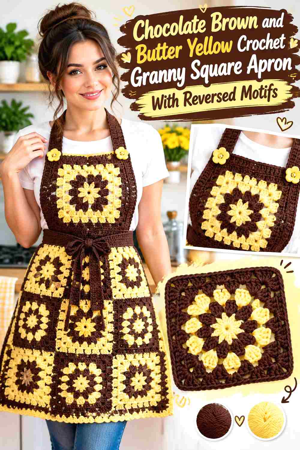 9. Chocolate Brown And Butter Yellow Crochet Granny Square Apron With Reversed Motifs