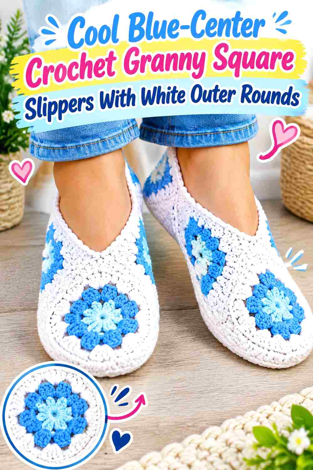 1. Cool Blue Center Crochet Granny Square Slippers With White Outer Rounds