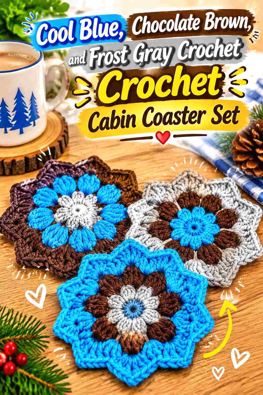 8. Cool Blue Chocolate Brown And Frost Gray Crochet Cabin Coaster Set