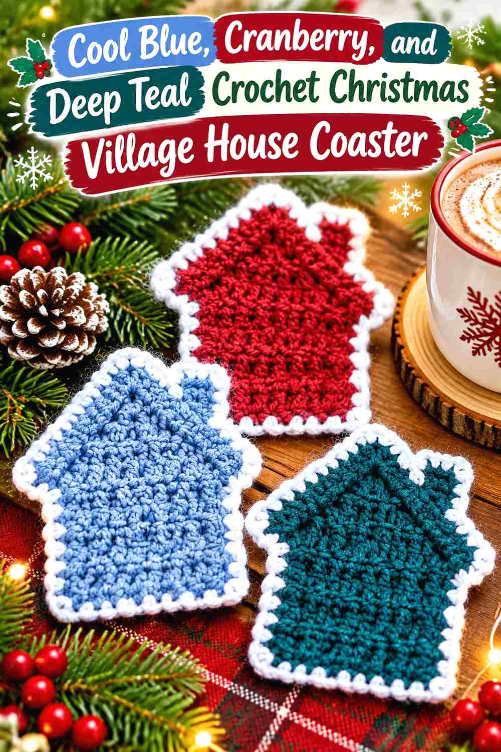 8. Cool Blue Cranberry And Deep Teal Crochet Christmas Village House Coaster