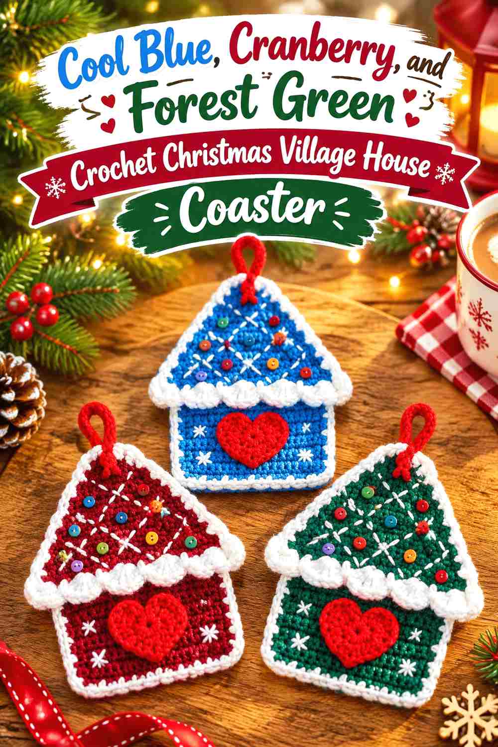 10. Cool Blue Cranberry And Forest Green Crochet Christmas Village House Coaster