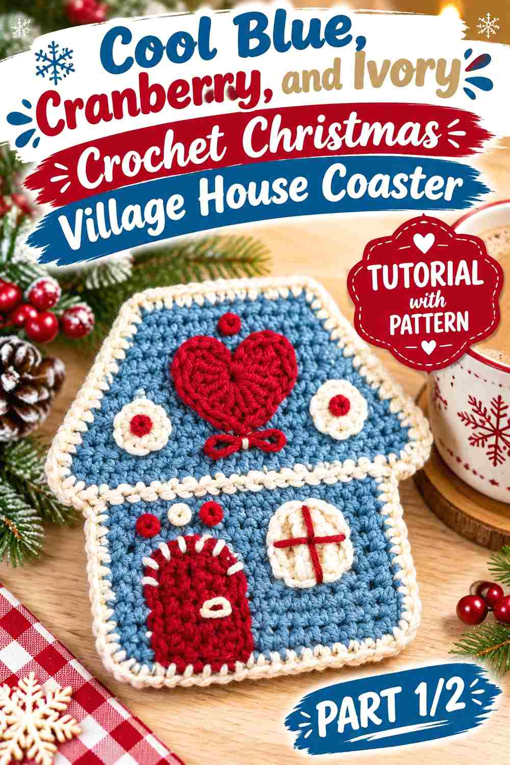 6. Cool Blue Cranberry And Ivory Crochet Christmas Village House Coaster