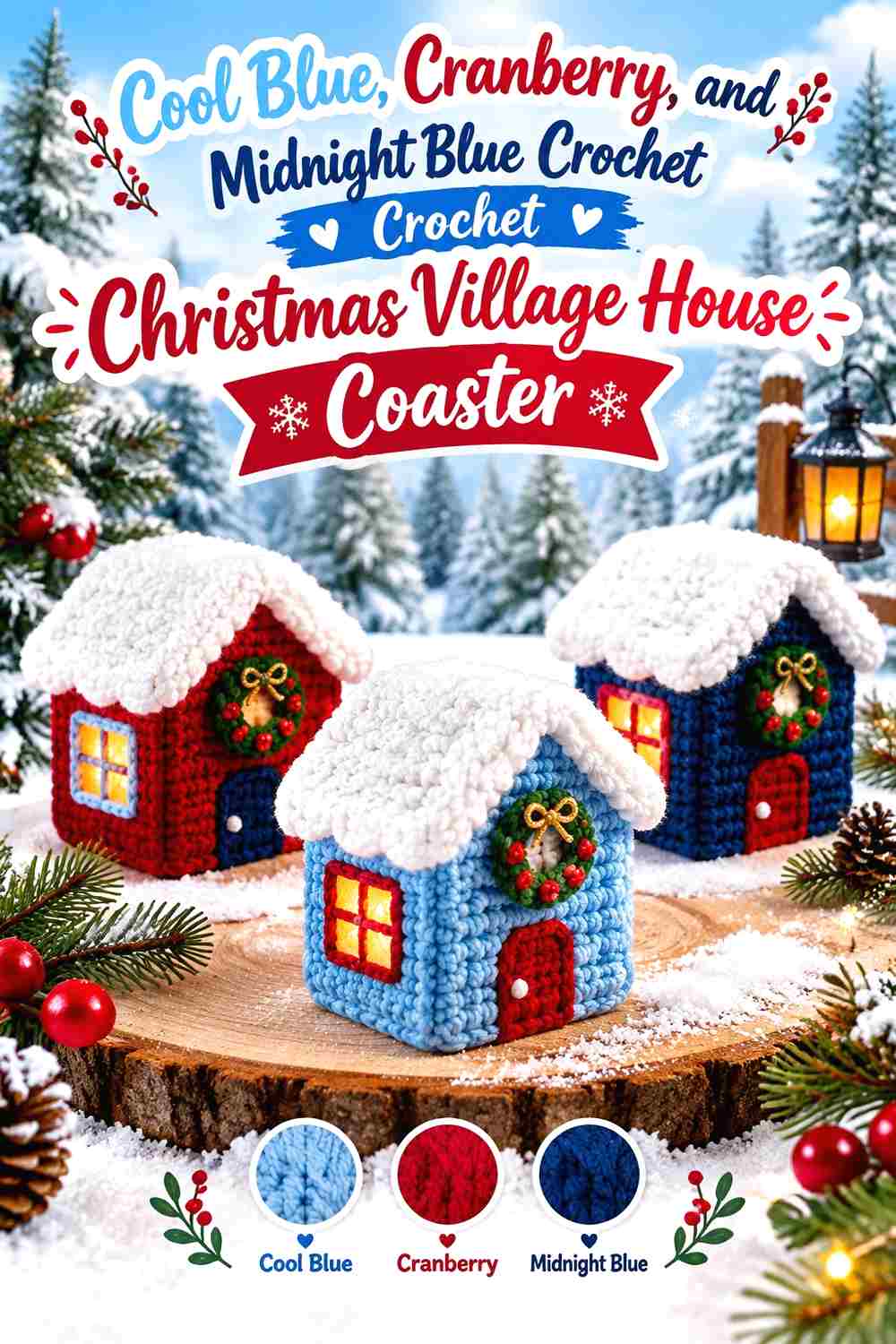 11. Cool Blue Cranberry And Midnight Blue Crochet Christmas Village House Coaster