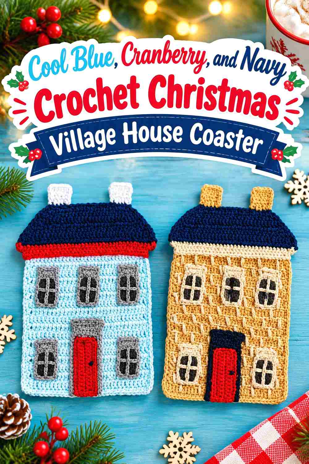 2. Cool Blue Cranberry And Navy Crochet Christmas Village House Coaster