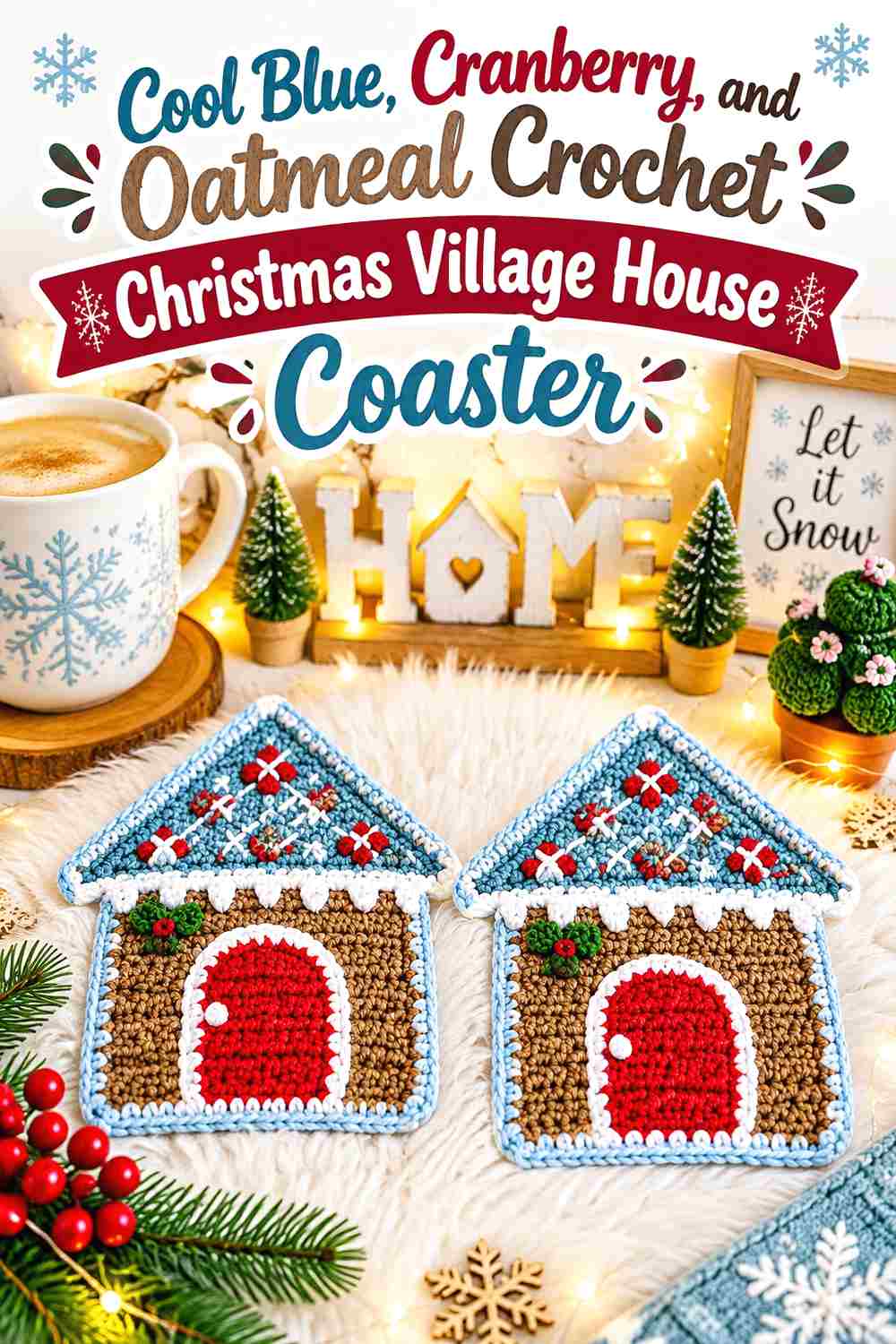 9. Cool Blue Cranberry And Oatmeal Crochet Christmas Village House Coaster