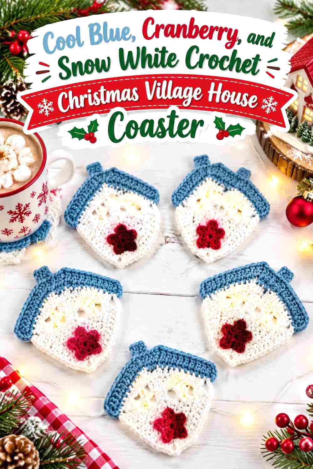 1. Cool Blue Cranberry And Snow White Crochet Christmas Village House Coaster
