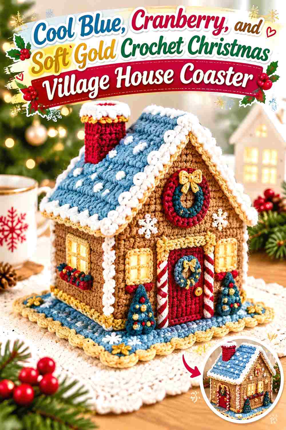 12. Cool Blue Cranberry And Soft Gold Crochet Christmas Village House Coaster