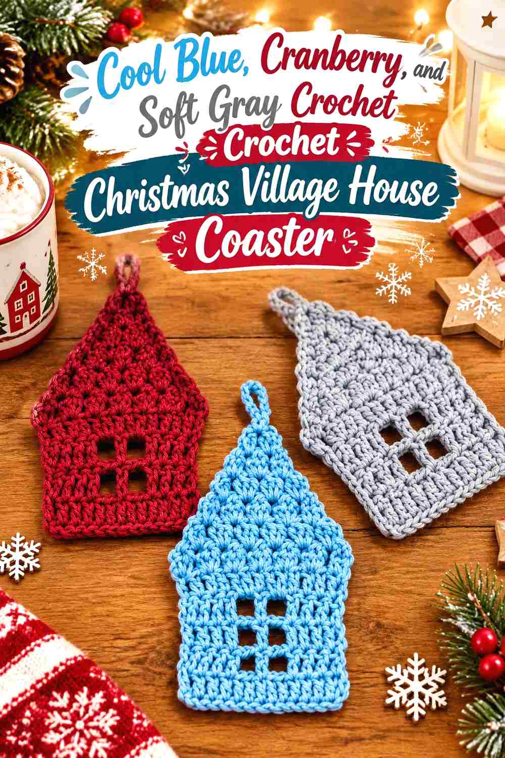 5. Cool Blue Cranberry And Soft Gray Crochet Christmas Village House Coaster