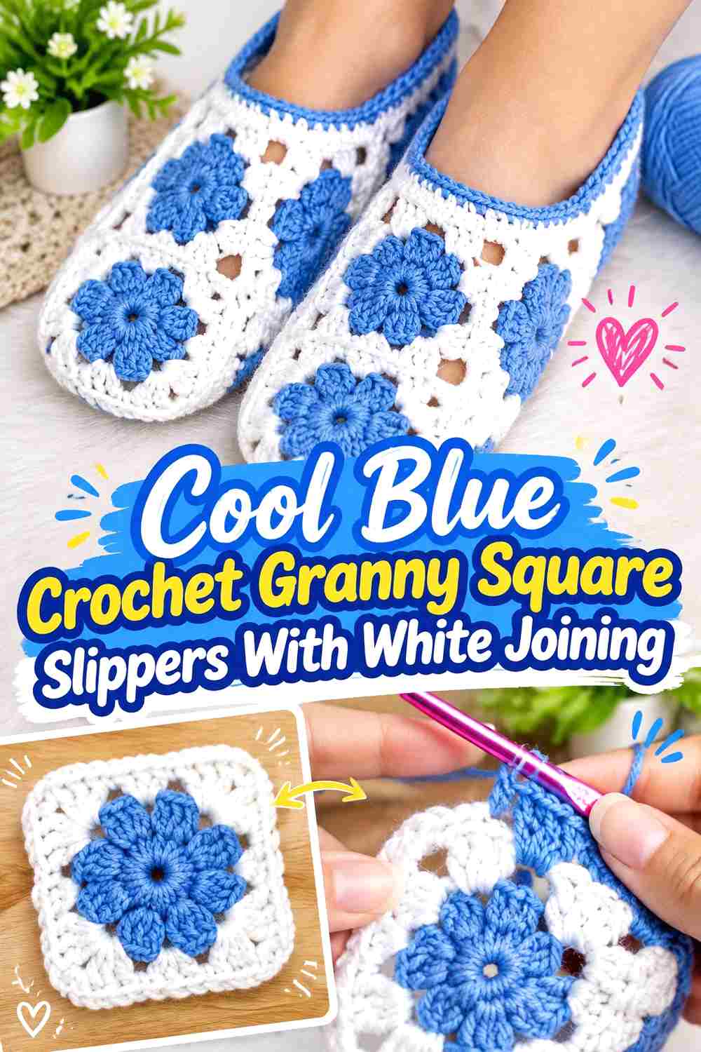 4. Cool Blue Crochet Granny Square Slippers With White Joining