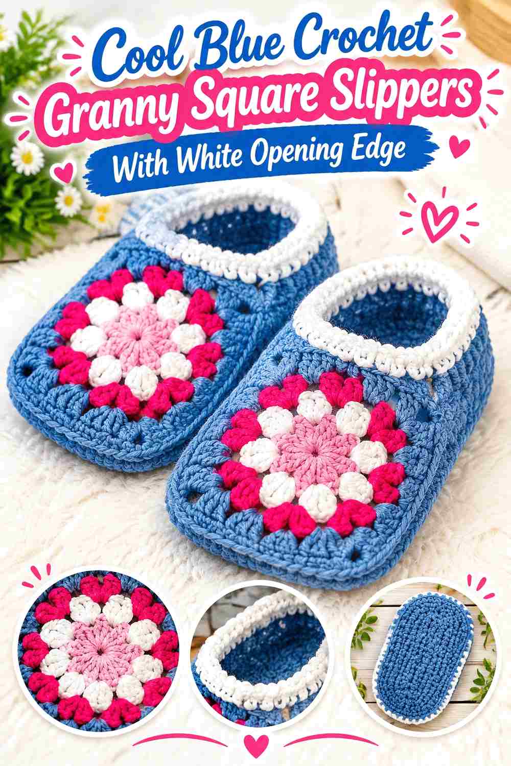 9. Cool Blue Crochet Granny Square Slippers With White Opening Edge