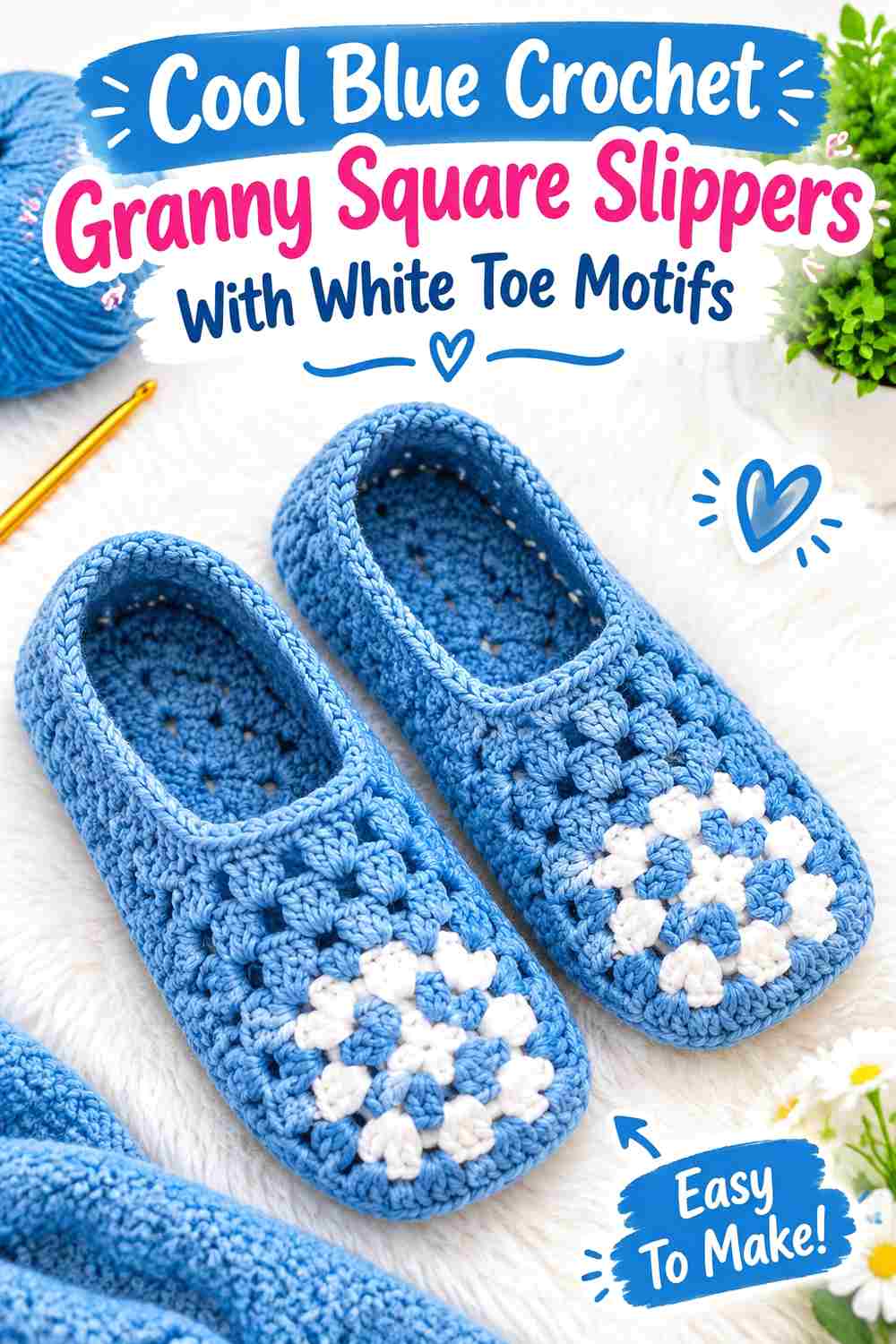 6. Cool Blue Crochet Granny Square Slippers With White Toe Motifs