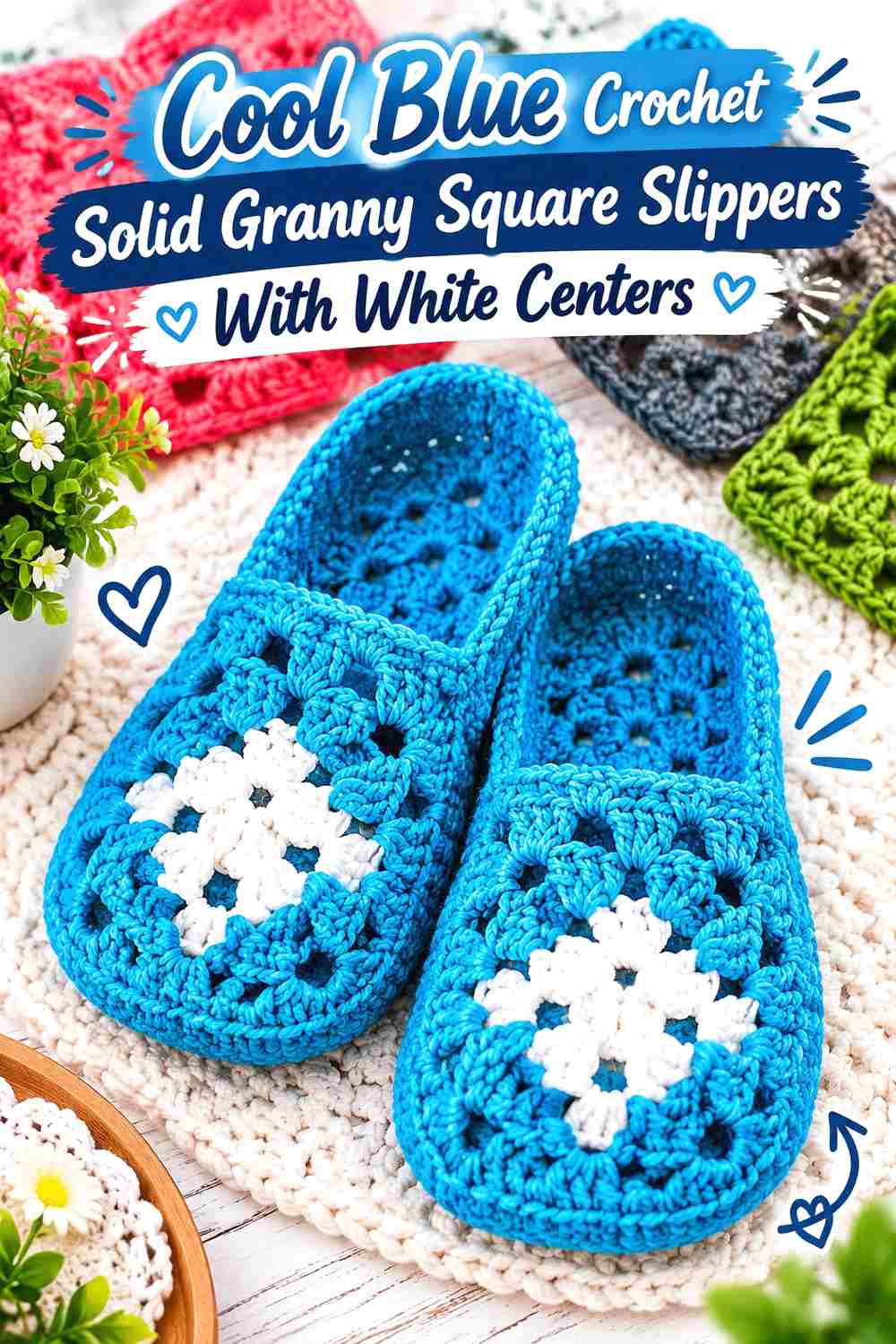 11. Cool Blue Crochet Solid Granny Square Slippers With White Centers