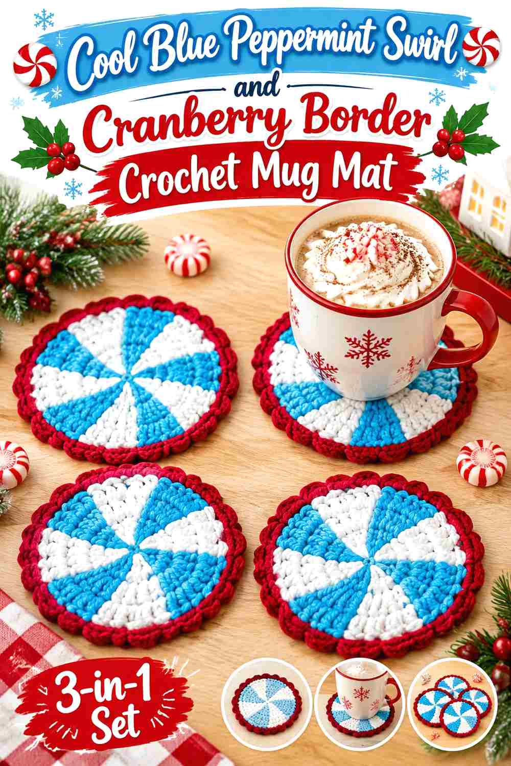 5. Cool Blue Peppermint Swirl And Cranberry Border Crochet Mug Mat