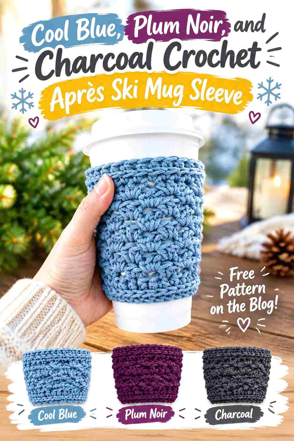 8. Cool Blue Plum Noir And Charcoal Crochet Apres Ski Mug Sleeve