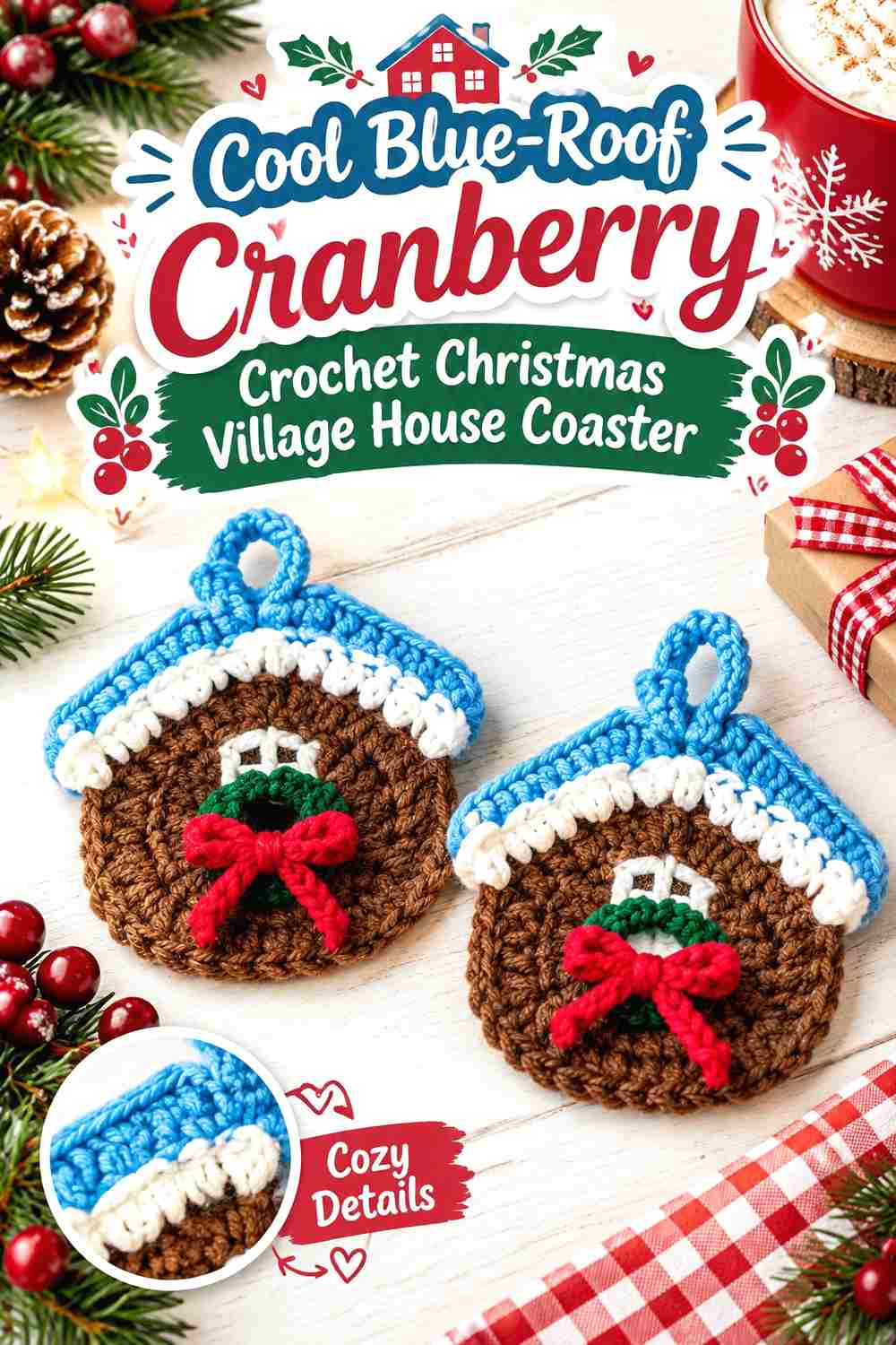 4. Cool Blue Roof Cranberry Crochet Christmas Village House Coaster