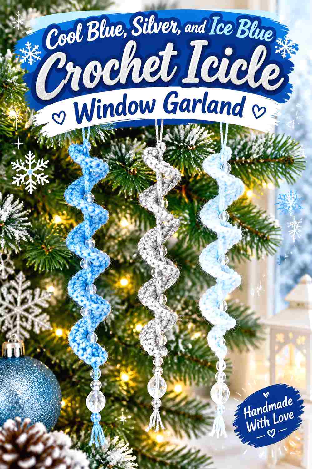 2. Cool Blue Silver And Ice Blue Crochet Icicle Window Garland