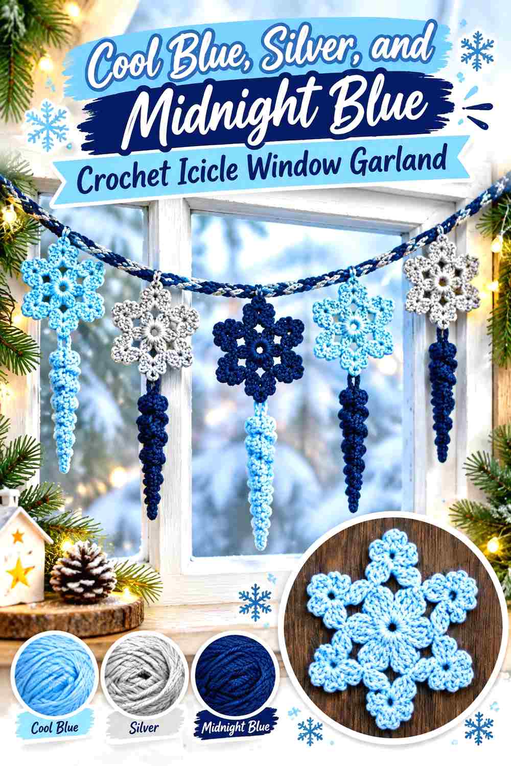 9. Cool Blue Silver And Midnight Blue Crochet Icicle Window Garland