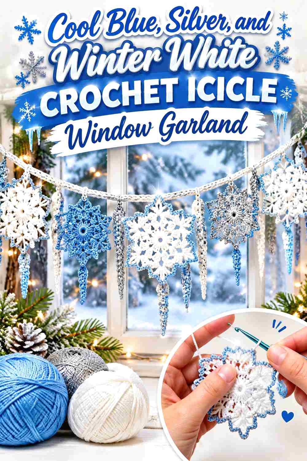 10. Cool Blue Silver And Winter White Crochet Icicle Window Garland