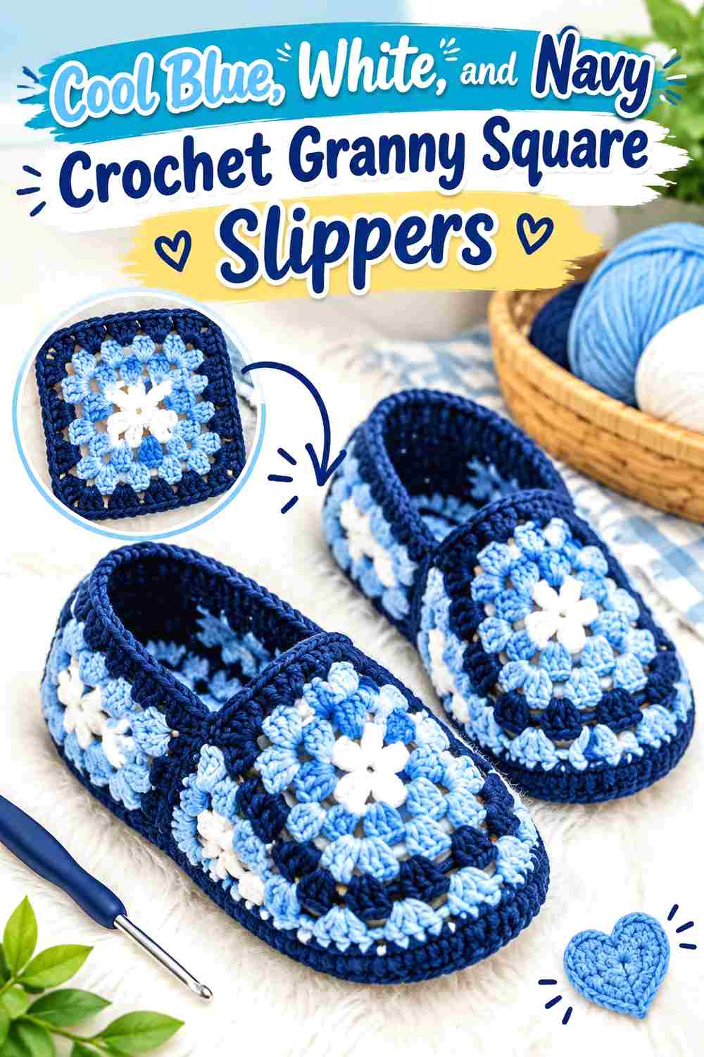 13. Cool Blue White And Navy Crochet Granny Square Slippers