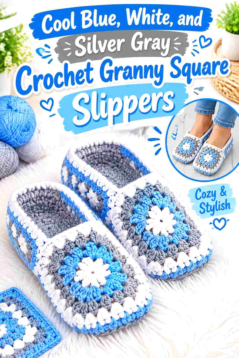 12. Cool Blue White And Silver Gray Crochet Granny Square Slippers