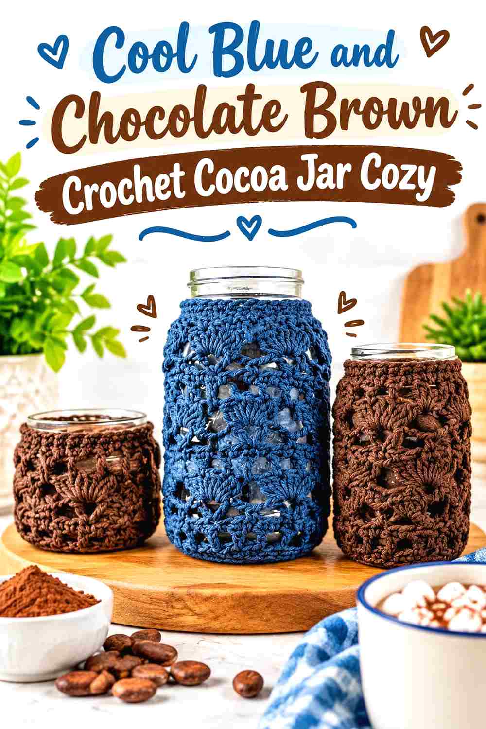 6. Cool Blue And Chocolate Brown Crochet Cocoa Jar Cozy