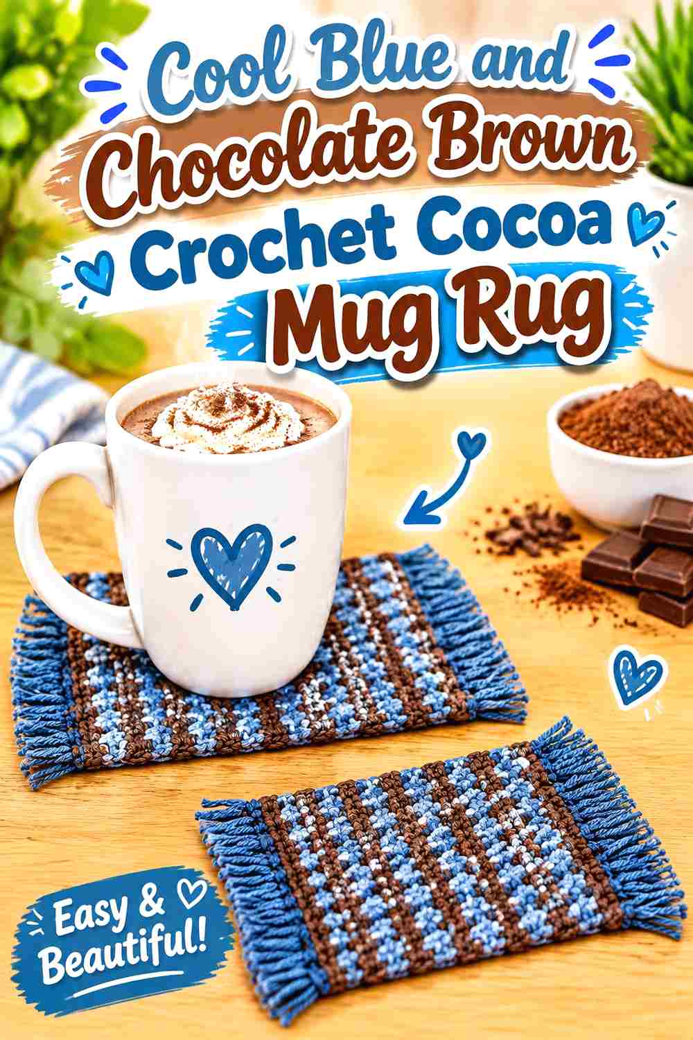 3. Cool Blue And Chocolate Brown Crochet Cocoa Mug Rug