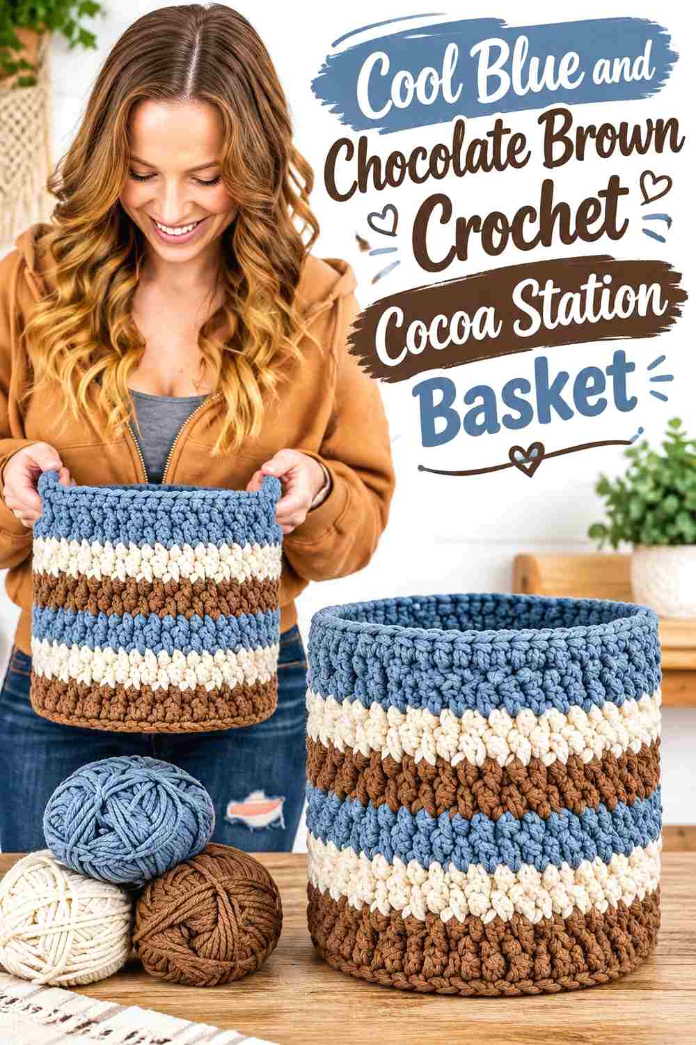5. Cool Blue And Chocolate Brown Crochet Cocoa Station Basket