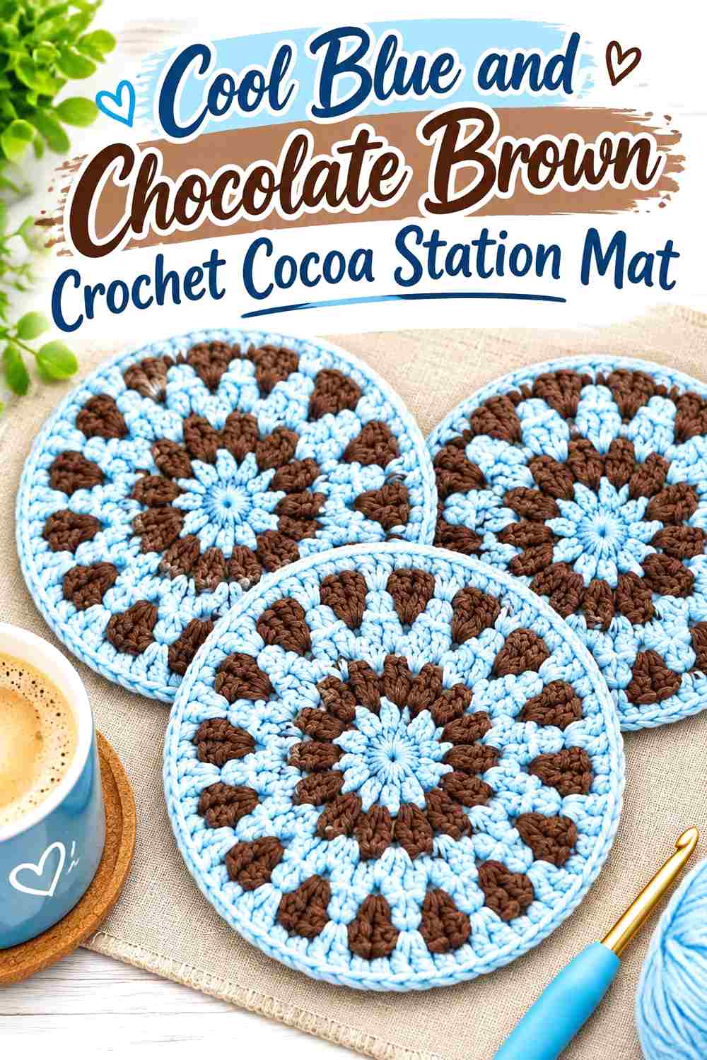 10. Cool Blue And Chocolate Brown Crochet Cocoa Station Mat