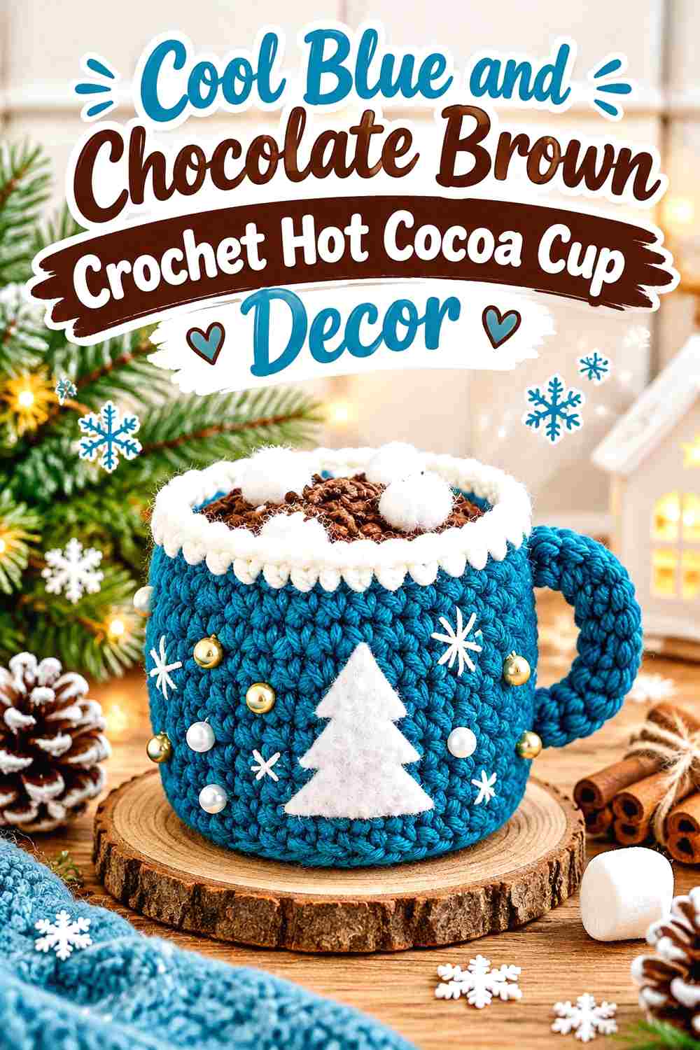 1. Cool Blue And Chocolate Brown Crochet Hot Cocoa Cup Decor