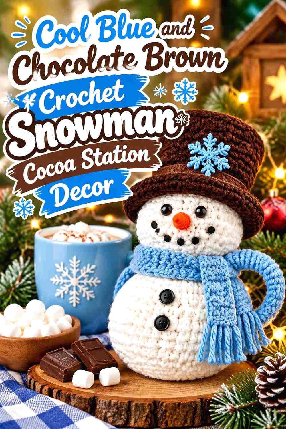 8. Cool Blue And Chocolate Brown Crochet Snowman Cocoa Station Decor