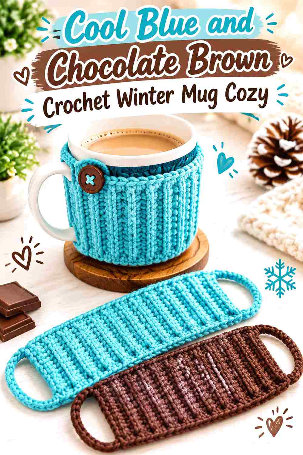 2. Cool Blue And Chocolate Brown Crochet Winter Mug Cozy