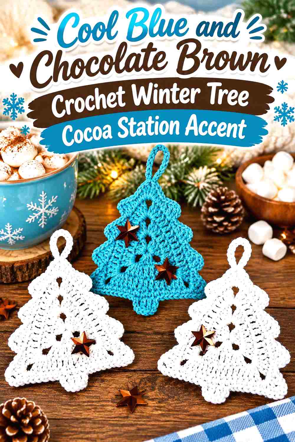 7. Cool Blue And Chocolate Brown Crochet Winter Tree Cocoa Station Accent