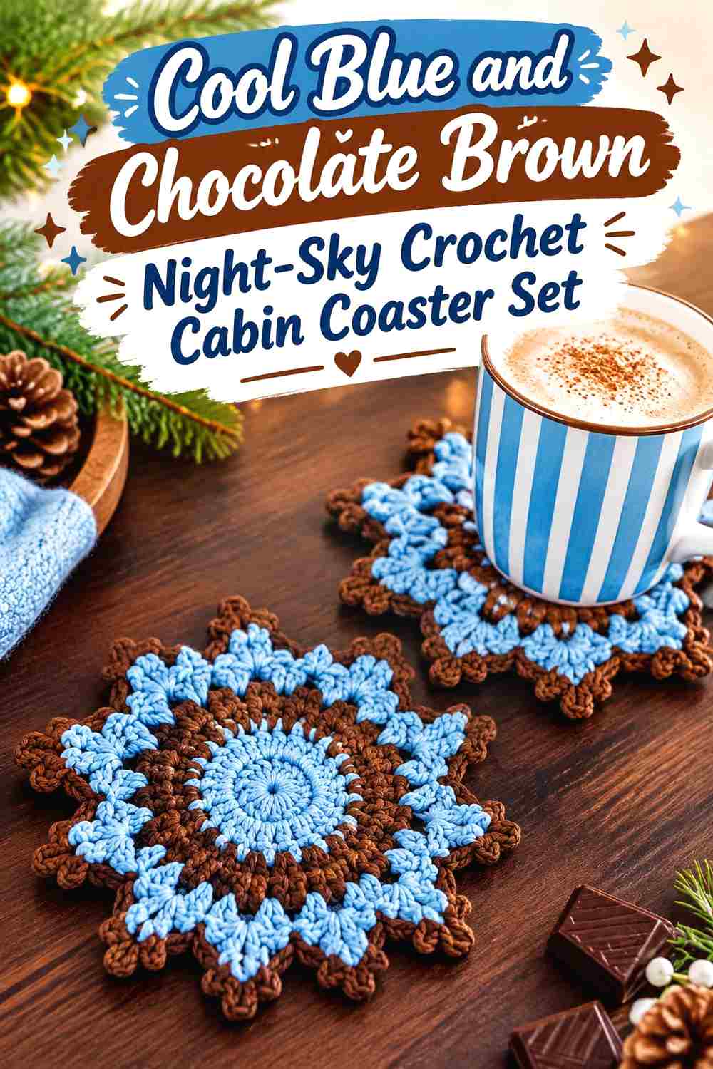 3. Cool Blue And Chocolate Brown Night Sky Crochet Cabin Coaster Set