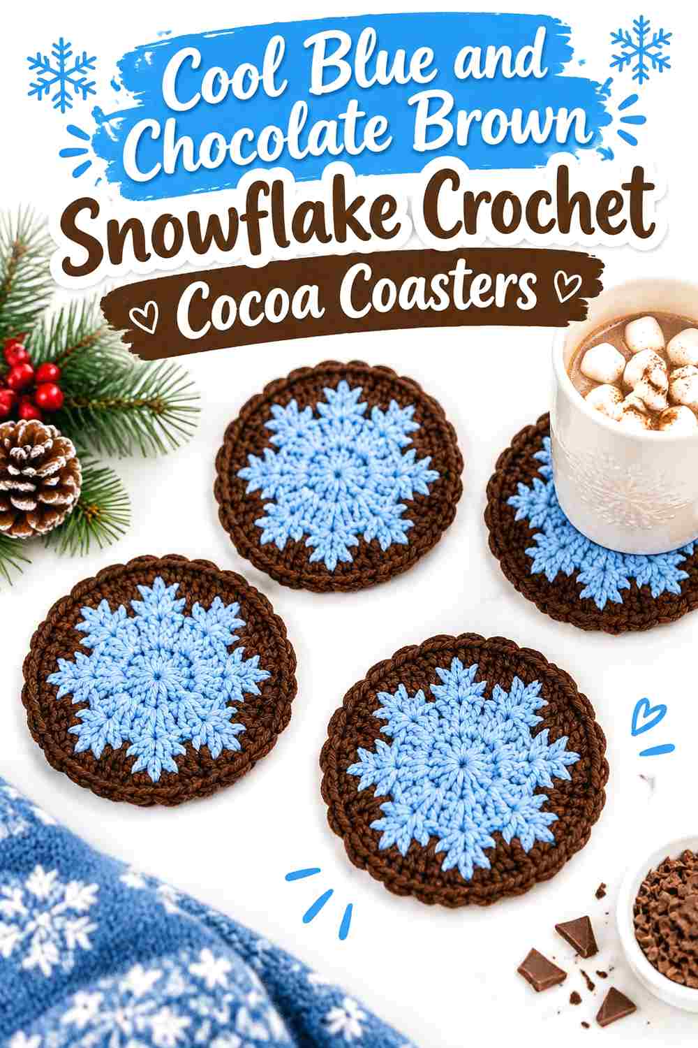 4. Cool Blue And Chocolate Brown Snowflake Crochet Cocoa Coasters