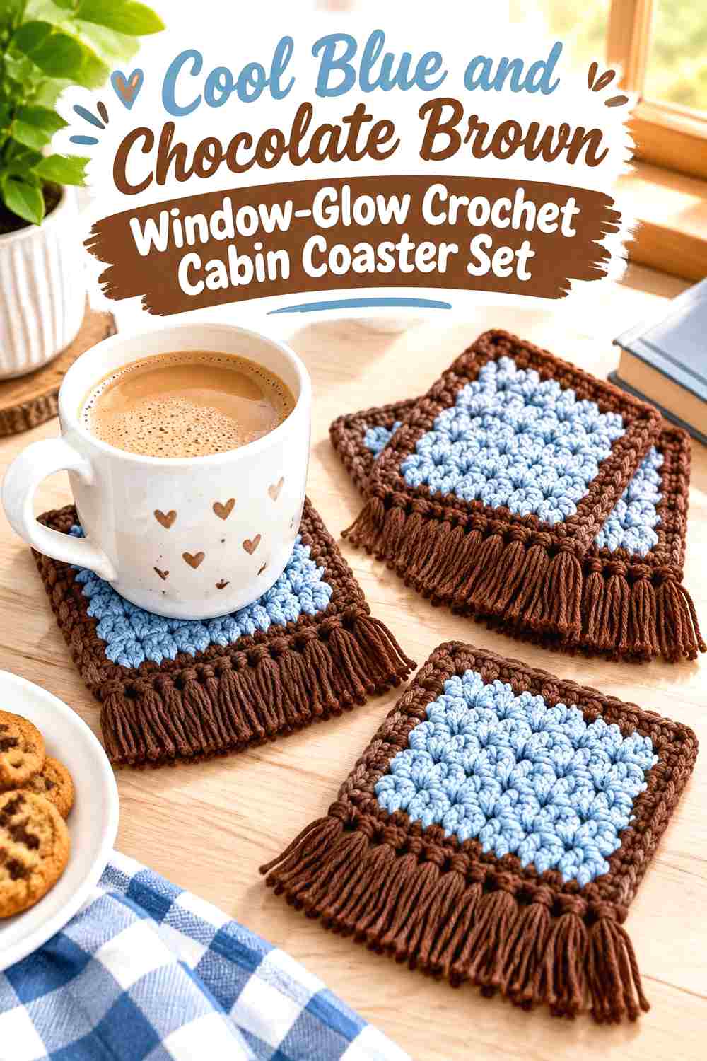 7. Cool Blue And Chocolate Brown Window Glow Crochet Cabin Coaster Set