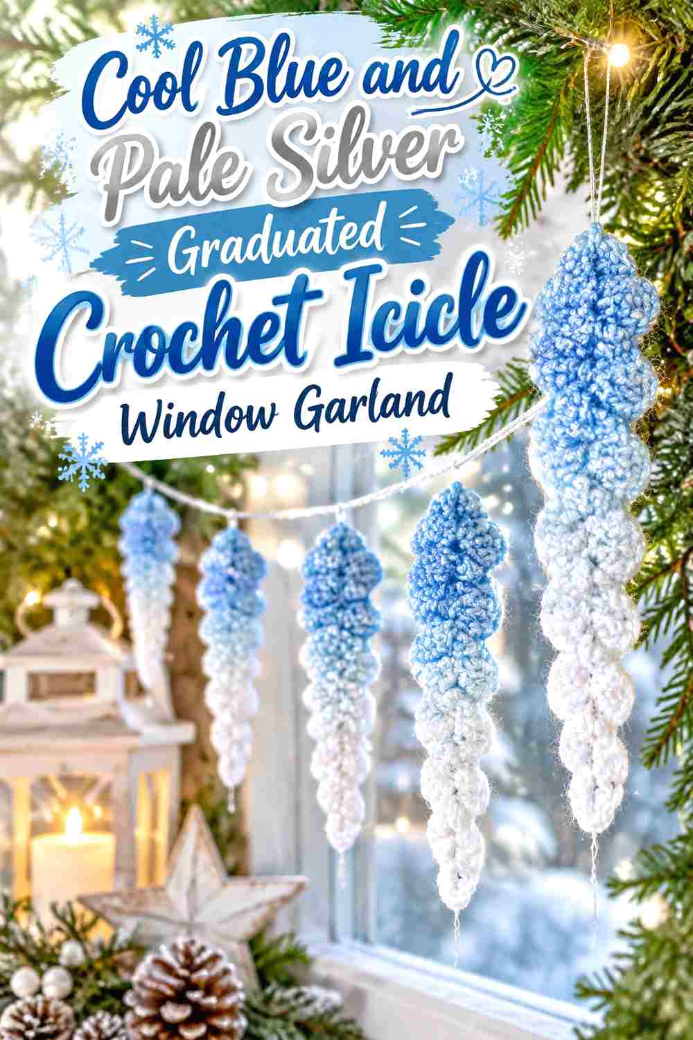 3. Cool Blue And Pale Silver Graduated Crochet Icicle Window Garland